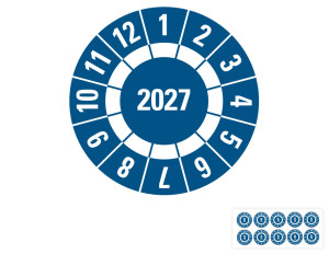Jahresprüfplakette 2027, Freifelder, blau, Folie selbstklebend, Ø 30 mm, 10 St./Bogen