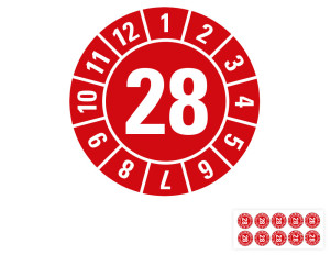 Jahresprüfplakette 28, rot, Folie selbstklebend, Ø 15 mm, 10 St./Bogen