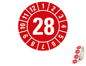 Jahresprüfplakette 28, rot, Folie selbstklebend, Ø 20 mm, 500 St./Rolle