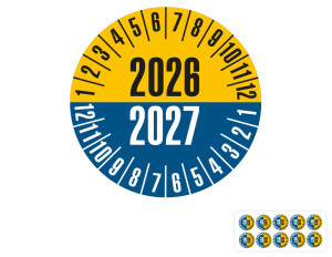 Prüfplakette 2026/2027, gelb-blau, Folie selbstklebend, Ø 20 mm, 10 St./Bogen