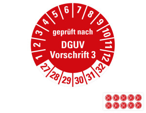 Prüfplakette geprüft nach DGUV Vorschrift 3, 27 - 32, rot, Standardfolie, Ø 20 mm, 10 St./Bogen