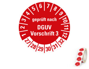 Prüfplakette geprüft nach DGUV Vorschrift 3, 27 - 32, rot, Standardfolie, Ø 30 mm, 500 St./Rolle