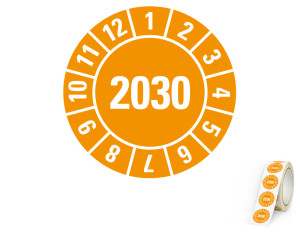 Jahresprüfplakette 2030, orange, Standardfolie, Ø 20 mm, 500 St./Rolle