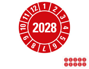 Jahresprüfplakette 2028, rot, fälschungssichere Folie, Ø 15 mm, 10 St./Bogen