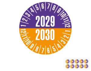 Prüfplakette 2029/2030, violett/orange, Standardfolie, Ø 20 mm, 10 St./Bogen