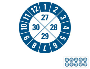 Prüfplakette 27 - 30, blau, Standardfolie, Ø 30 mm, 10 St./Bogen