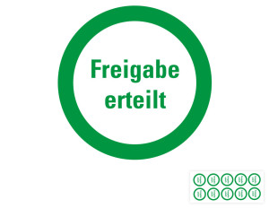 Infoplaketten Freigabe erteilt, weiß, fälschungssichere Folie, Ø 30 mm, 18 St./Bogen