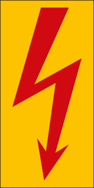 Warnschild / Warnzeichen Blitzpfeil, praxisbewährt, gelb-rot, Folie selbstklebend, 37 mm x 74 mm, 10 St./Bogen