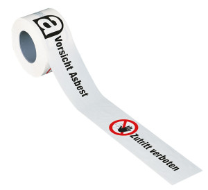 Absperrband: Vorsicht Asbest, mit Symbol, weiß, 80 mm breit, 250 m/Rolle