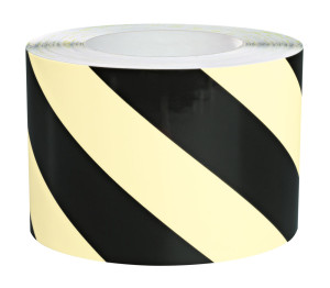 PERMALIGHT® Warnmarkierungsband, links, gelb-schwarz nachleuchtend, Folie selbstklebend, 100 mm, 16 m / Rolle