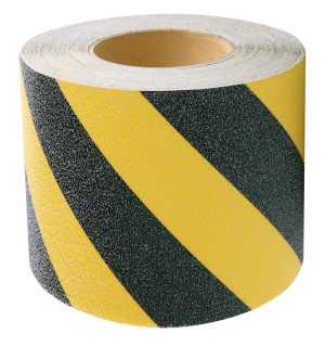 Antirutsch-Warnmarkierung, Rutschhemmung R13, schwarz-gelb, ASR, DIN, DGUV, Polyvinylchlorid selbstklebend, 150 mm, 18,3 m / Rolle