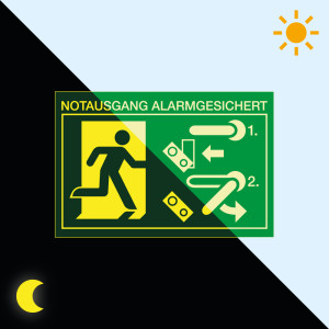 PERMALIGHT® power Rettungszeichen: Schild für Türwächter Notausgang alarmgesichert rechts, Standardfolie lang nachleuchtend, 150 x 100 mm