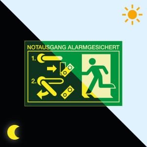 PERMALIGHT® power Rettungszeichen: Schild für Türwächter Notausgang alarmgesichert links, Standardfolie lang nachleuchtend, 150 x 100 mm