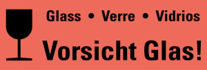 Hinweisetikett: Vorsicht Glas!, 4-sprachig, leuchtrot, permanent haftendes Haftpapier, 170 x 60 mm, 250 St./Rolle