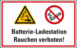 Hinweisschild Batterie-Ladestation Rauchen verboten!, zwei Piktogramme, Kunststoff, 400 x 300 mm, 1 Stück