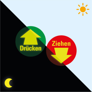 PERMALIGHT® power Türhinweis Drücken mit Pfeil, grün, Folie lang nachleuchtend und fluoreszierend, Ø 100 mm