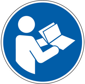 Gebotsschild: Anleitung beachten, blau-weiß, ISO/M002, Folie selbstklebend, Ø 50 mm, 10 St./Bogen