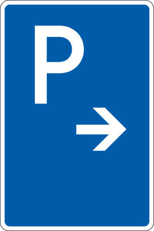 Parkplatzschild: mit Pfeil rechts, DIN, Aluminium RA0 reflektierend, 600 mm x 900 mm, 1 Stück