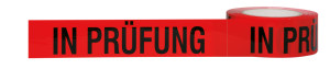 Qualitätsband: IN PRÜFUNG, rot-schwarz, Polypropylen-Folie mit starkem Acrylatkleber selbstklebend, 50 mm breit, 66 m lang, 66 m / Rolle