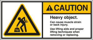 ANSI-Aufkleber: CAUTION Heavy object. Can cause muscle strain or back injury, UL-anerkannt, ANSI Z535-4, Folie selbstklebend, 80 mm x 35 mm, 2