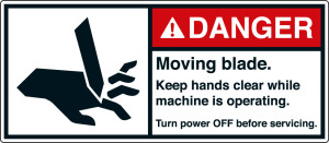 ANSI-Aufkleber: DANGER Moving blade [...], UL-anerkannt, ANSI Z535-4, Folie selbstklebend, 160 mm x 70 mm, 2 St./Bogen