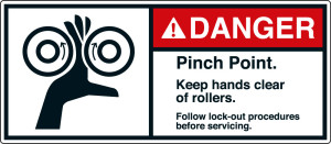 ANSI-Aufkleber: DANGER Pinch Point [...], UL-anerkannt, ANSI Z535-4, Folie selbstklebend, 160 mm x 70 mm, 2 St./Bogen