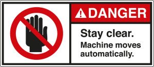 ANSI-Aufkleber: DANGER Stay clear. Machine moves automatically, UL-anerkannt, ANSI Z535-4, Folie selbstklebend, 160 mm x 70 mm, 2 St./Bogen