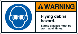 ANSI-Aufkleber: WARNING Flying debris hazard [...], UL-anerkannt, ANSI Z535-4, Folie selbstklebend, 80 mm x 35 mm, 2 St./Bogen