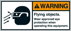 ANSI-Aufkleber: WARNING Flying objects [...], UL-anerkannt, ANSI Z535-4, Folie selbstklebend, 100 mm x 45 mm, 2 St./Bogen