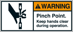 ANSI-Aufkleber: WARNING Pinch point. Keep hands clear during operation, UL-anerkannt, ANSI Z535-4, Folie selbstklebend, 80 mm x 35 mm, 2 St./Bogen