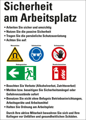 Infotafel: Sicherheit am Arbeitsplatz, weiß, gemäß DIN EN ISO 7010, Kunststoff, 500 mm x 700 mm, 1 Stück