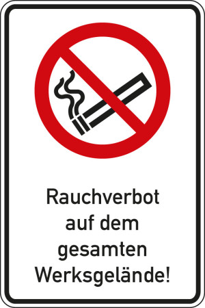 Kombi-Verbotsschild: Rauchverbot auf dem Werksgelände, Piktogramm & Text, ISO, Aluminium RA0, 600 mm x 900 mm, 1 Stück