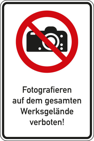 Kombi-Verbotsschild: Fotografieren auf dem gesamten Werksgelände verboten!, Piktogramm & Text, ISO, Aluminium RA0, 600 mm x 900 mm, 1 Stück