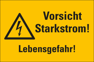 Kombi-Warnschild / Warnzeichen: Vorsicht Starkstrom! Lebensgefahr!, Blitzpfeil, RoHS konform, Folie selbstklebend, 300 mm x 200 mm, 1 Stück