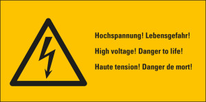 Kombi-Warnschild / Warnzeichen: Hochspannung! Lebensgefahr!, 3 sprachig, Blitzpfeil, RoHS konform, Folie selbstklebend, 105 mm x 52 mm, 1 Stück