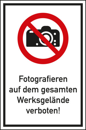 Kombi-Verbotsschild: Fotografieren auf dem gesamten Werksgelände verboten!, Piktogramm & Text, ISO, Aluminium, 400 mm x 600 mm, 1 Stück