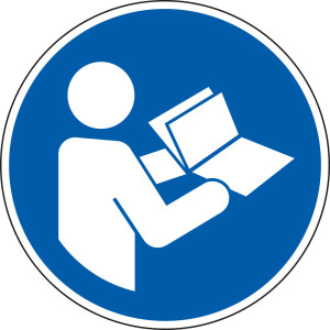 Gebotsschild: Anleitung beachten, blau-weiß, ISO/M002, UL-anerkannt, Folie selbstklebend, Ø 50 mm, 1 Stück