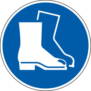 Gebotsschild: Fußschutz benutzen, blau-weiß, ASR/ISO, Folie selbstklebend, Ø 100 mm, 1 Stück