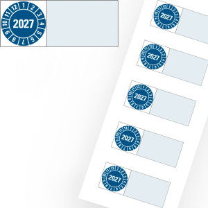 Kabelprüfplakette 2027, blau, Folie selbstklebend, 100 x 20 mm, 8 St./Bogen
