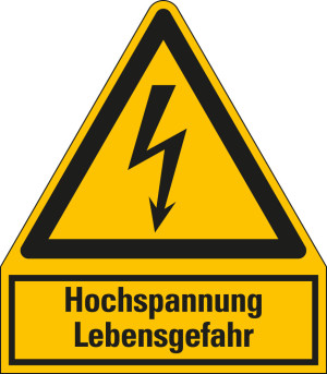 Kombi-Warnschild / Warnzeichen: Hochspannung Lebensgefahr, Blitzpfeil, ASR/ISO, UL-anerkannt, Folie selbstklebend, 100 mm x 120 mm, 1 Stück