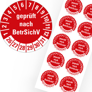 Prüfplakette geprüft nach BetrSichV, 26 - 31, rot, Folie selbstklebend, Ø 30 mm, 10 St./Bogen
