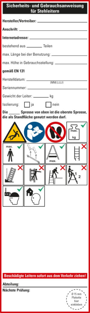Sicherheits- und Gebrauchsanweisung für Stehleitern, weiß, Folie selbstklebend, 65 x 225 mm, 2 St./Bogen