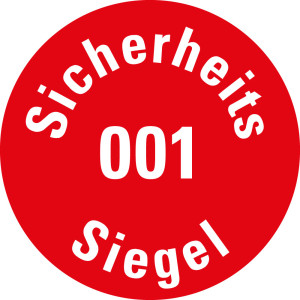 Sicherheitssiegel mit Text und fortlaufender Zahl von 001 - 500, rot, Papier selbstklebend, Ø 25 mm, 500 St./Rolle