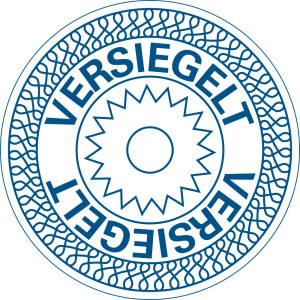 Sicherheitssiegel: VERSIEGELT, weiß-blau, fälschungssichere Folie, Ø 30 mm, 18 St./Bogen