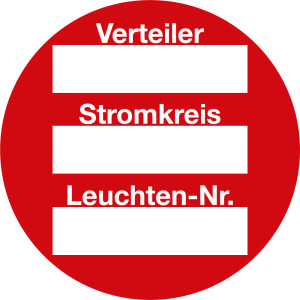 Stromkreisbezeichnungsschild zum Beschriften, weiß-rot, 3 Felder vorbedruckt, PVC-Folie, Ø 39 mm, 30 St./Heft
