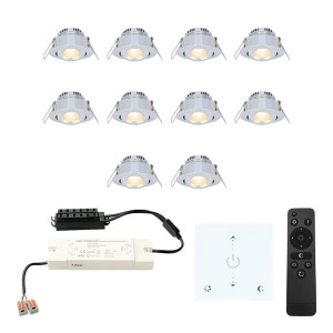 HOFTRONIC 10er Set Granada Mini LED Einbaustrahler mit Trafo und Wanddimmer - 12V 3W 200lm - Dimmbar - Flach 35mm - 2700K - IP44 - Aluminium
