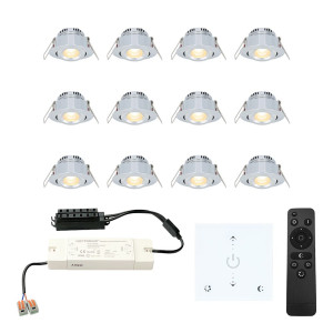 HOFTRONIC 12er Set Granada Mini LED Einbaustrahler mit Trafo und Wanddimmer - 12V 3W 200lm - Dimmbar - Flach 30mm - 2700K - IP44 - Aluminium