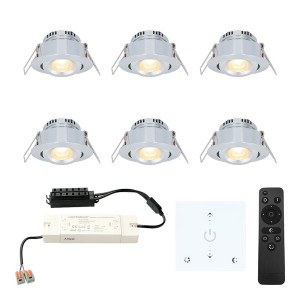 HOFTRONIC Set van 6 Granada LED Mini Inbouwspots met trafo en muurdimmer - 12 Volt 3 Watt 200 lumen - Dimbaar - Kantelbaar - Plat 35mm - 2700K - IP44
