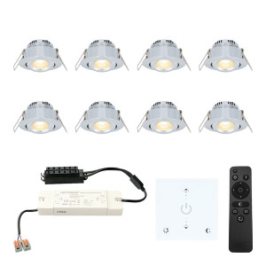 HOFTRONIC 8er Set Granada Mini LED Einbaustrahler mit Trafo und Wanddimmer - 12V 3W 200lm - Dimmbar - Flach 35mm - 2700K - IP44 - Aluminium
