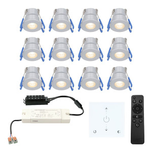 HOFTRONIC 12er Set Milano mini LED Einbaustrahler mit Trafo und Wanddimmer - 12 V 3 W 200 lm - Dimmbar - Flach 34mm - 2700K - IP65 - Aluminium